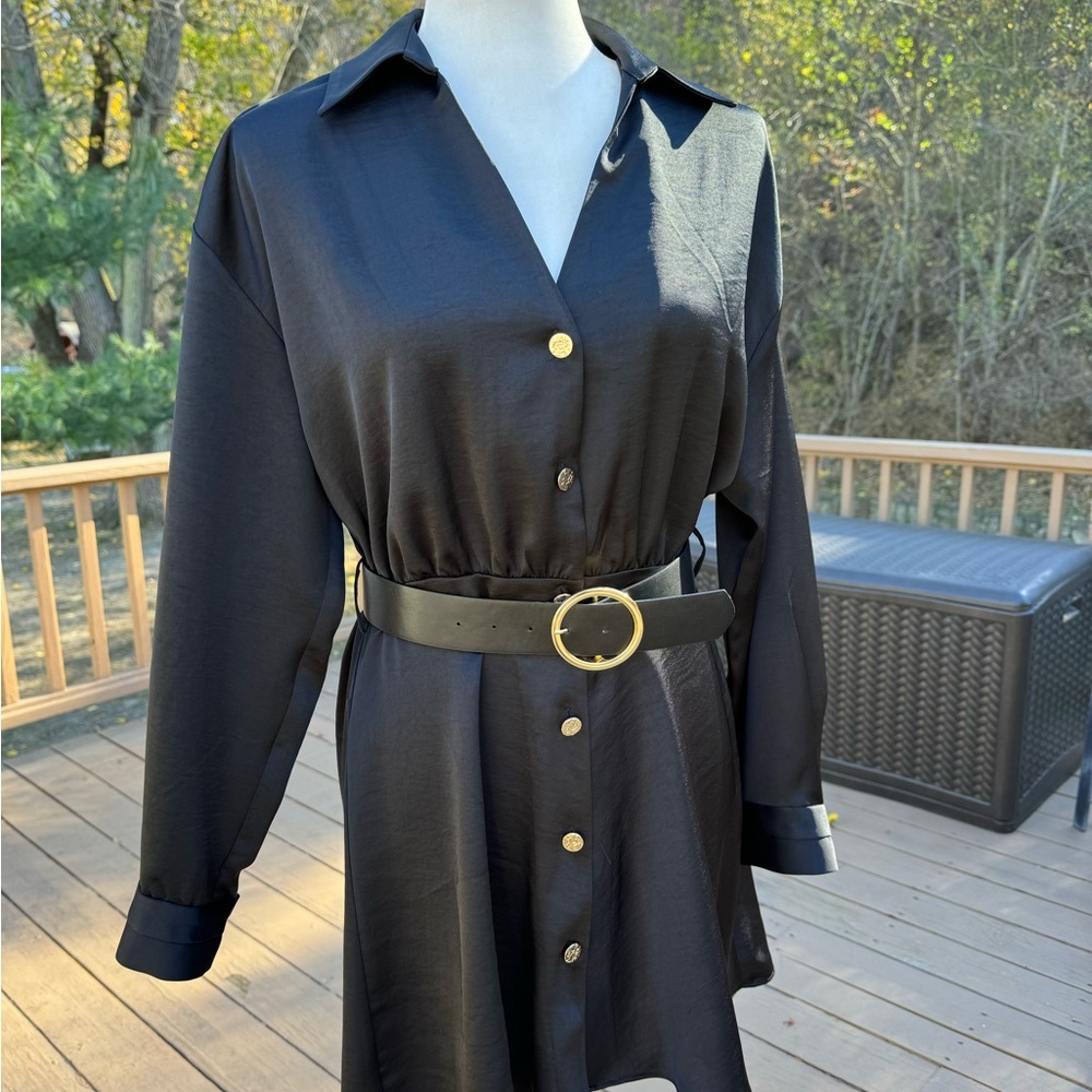 Zara Black Collard Shirt Dress Gold Button Up Long Sleeve Size Medium - Picture 2 of 7